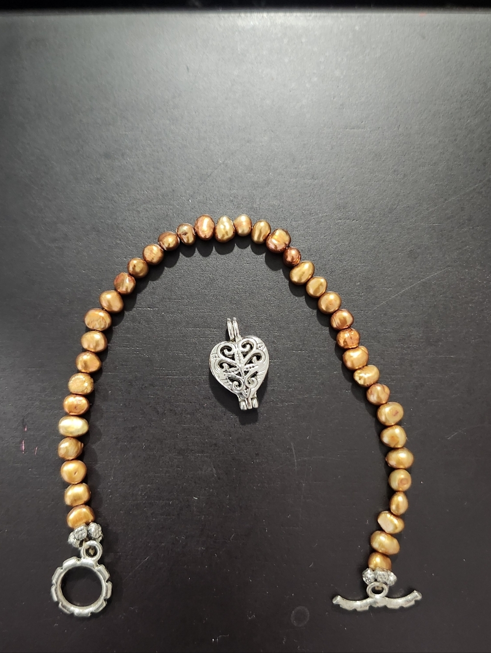 Golden Pearl Beaded Bracelet with Silver Heart Locket